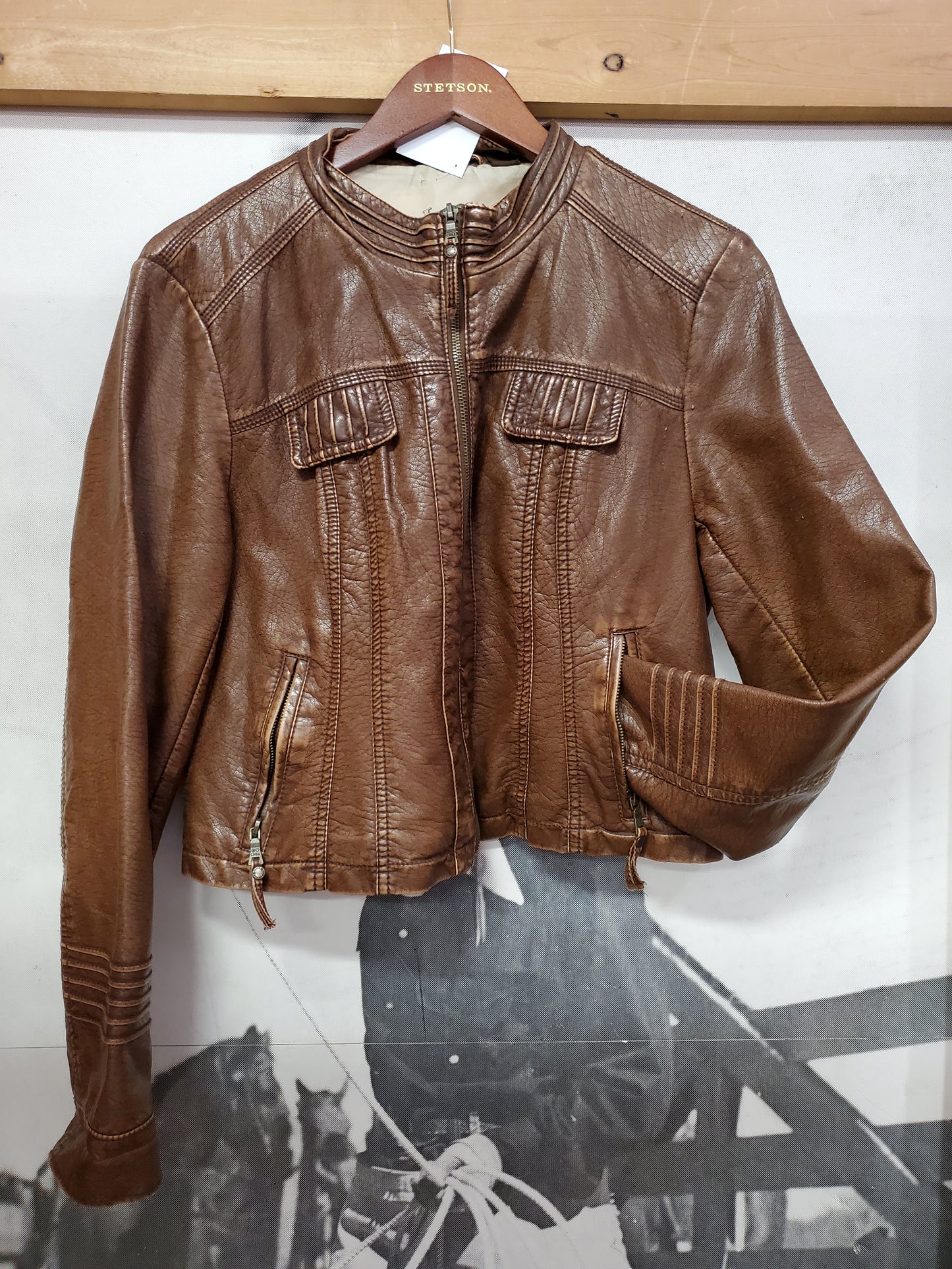 Brown Distressed Faux Leather Jkt.