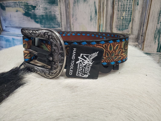 Brown - Teal Tooled Belt W/ Buckstitch