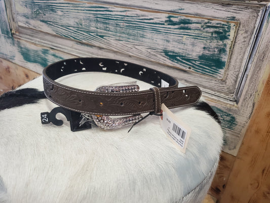 Kids Brown Leather Floral Carved Belt W/ Sunflower Buckle