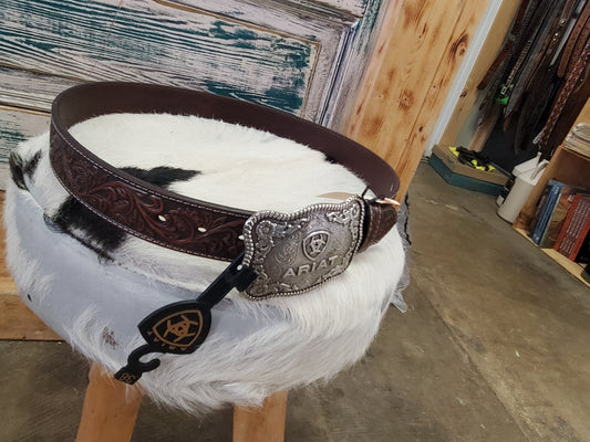 Dark Leather Tooled Belt w/Ariat Buckle
