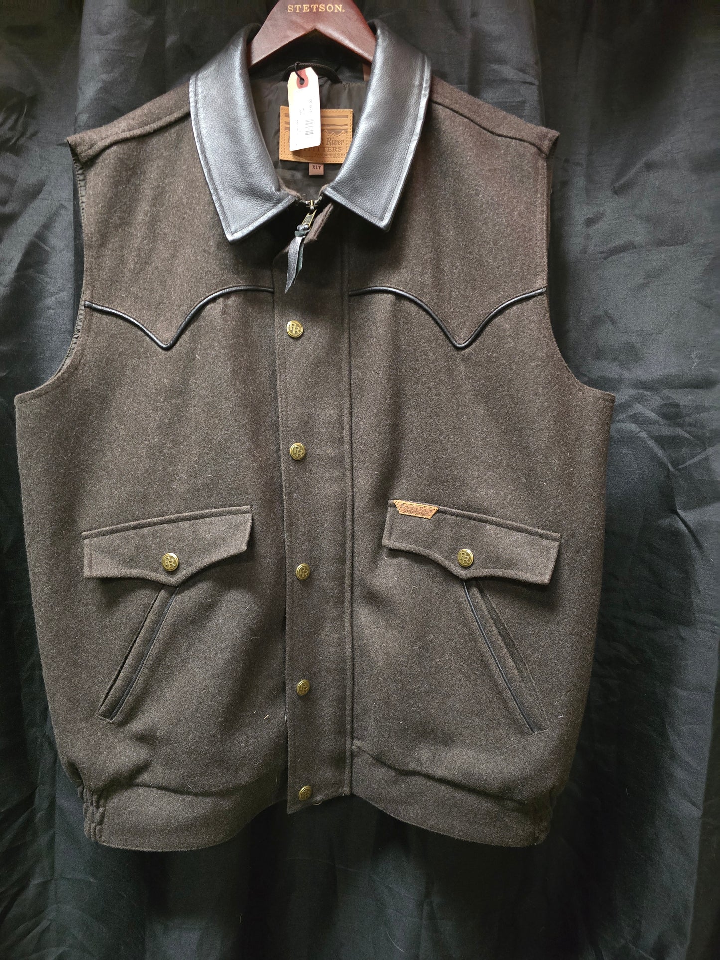 Men's Brown Wool Vest Leather Collar