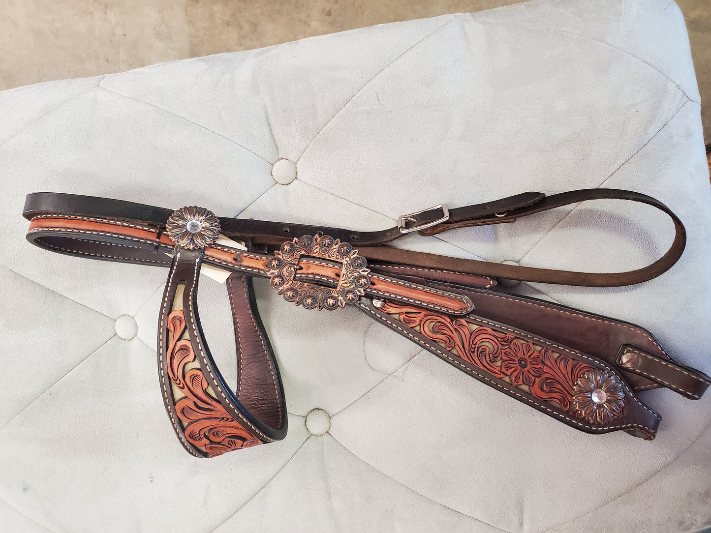 Carved Headstall/ Copper Buckles