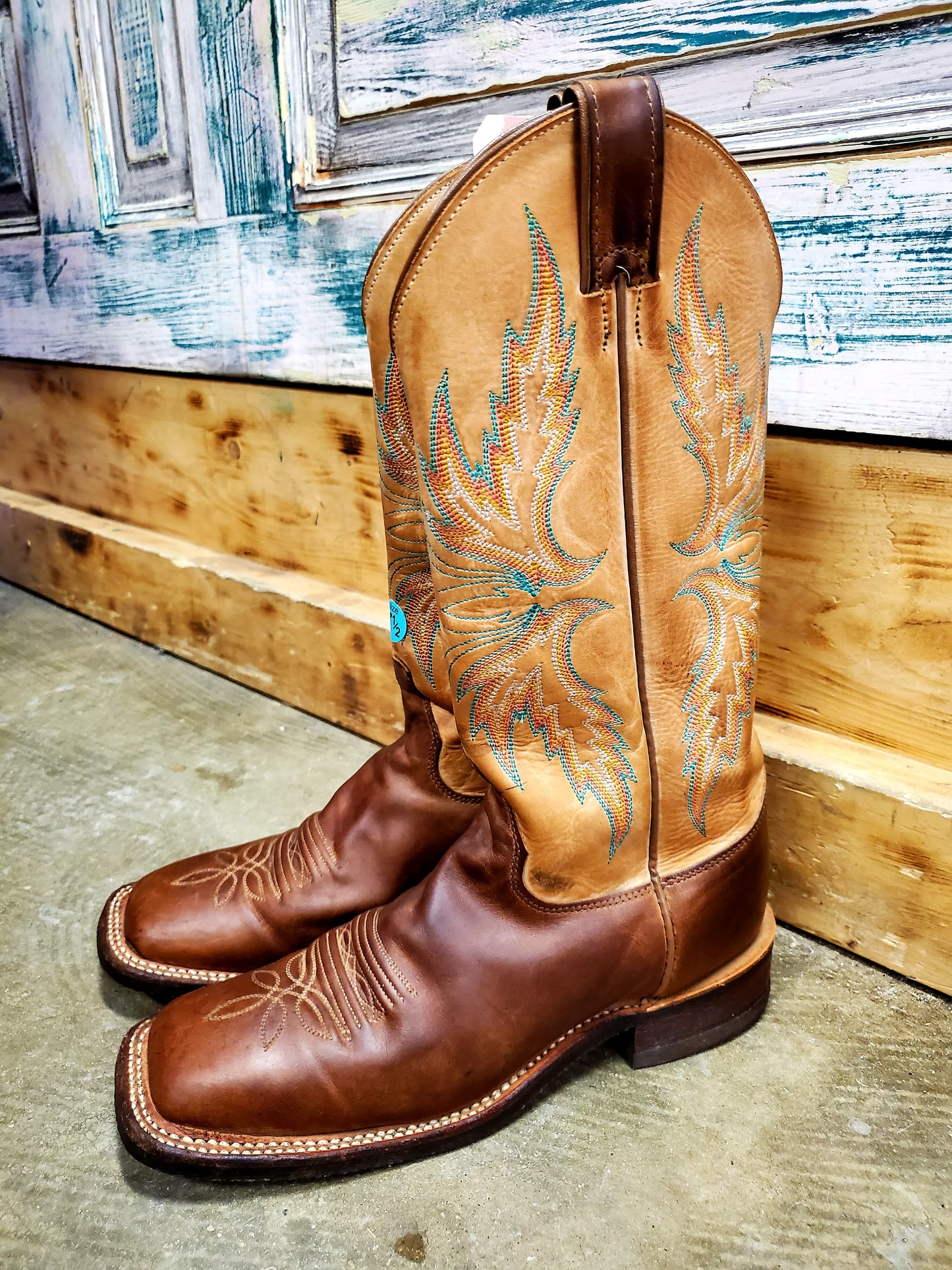 Ladies Justin Sq. Toe Brown w/ Turq Stitch