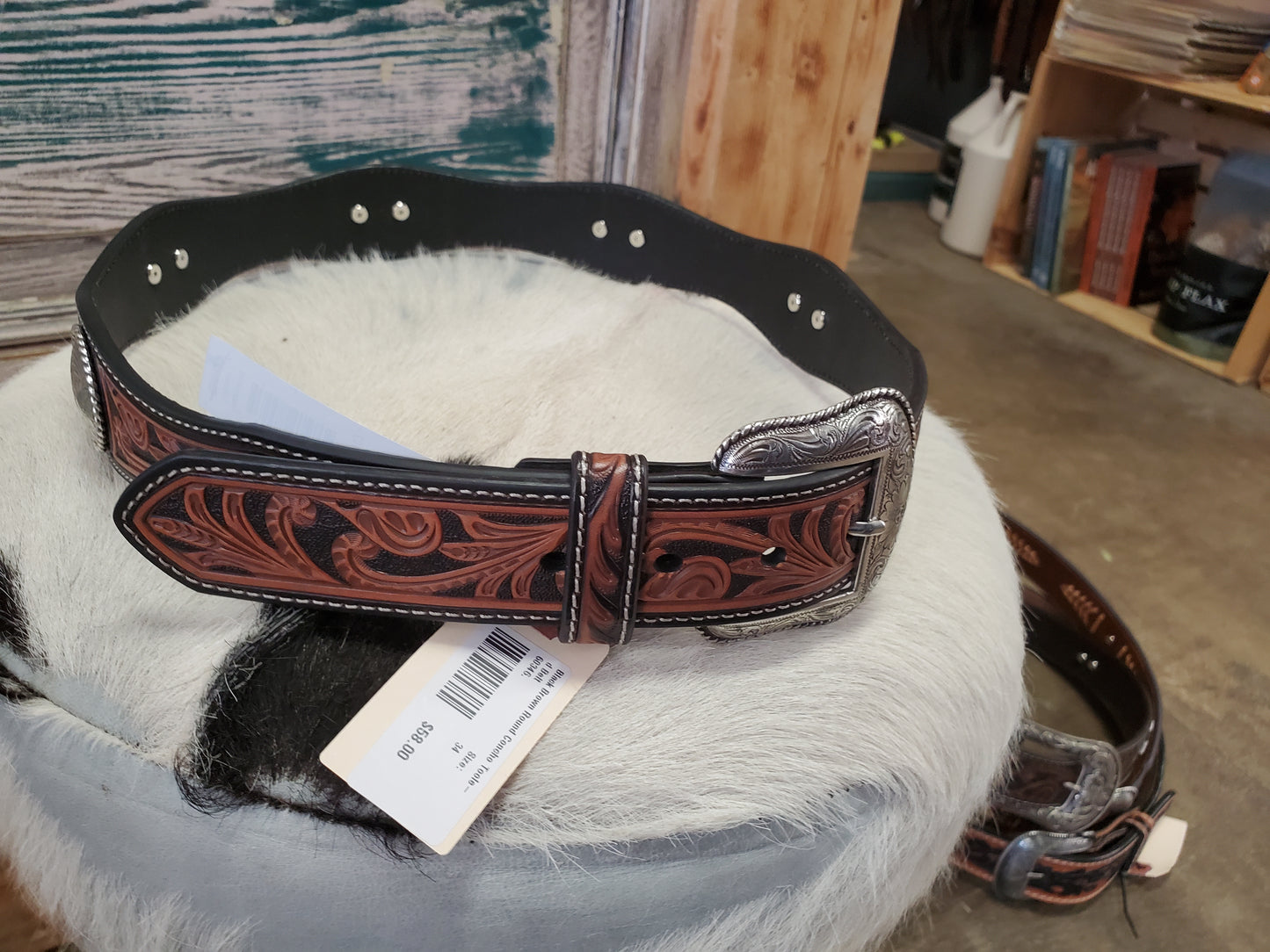 Brown Leather Small Round Concho Stitch Detail Belt