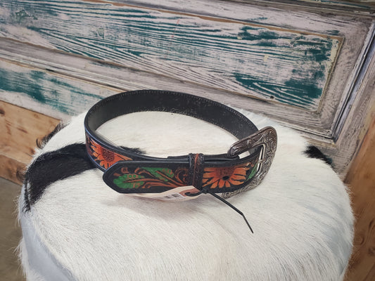 Leather Buckstitch Green Inlay Sunflower Belt