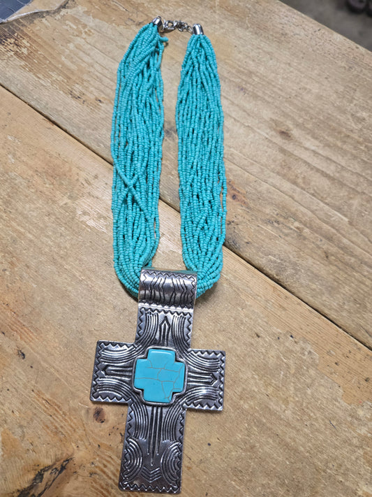 Turq Beads w/ Silver Cross
