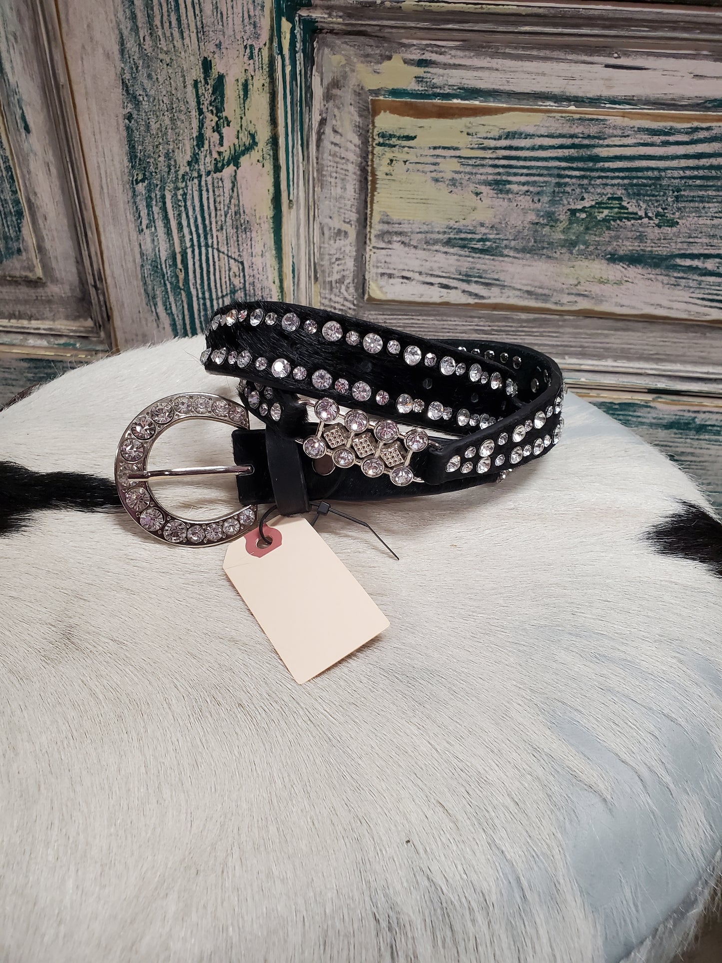 Black Hide On Rhinestone Belt