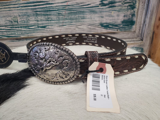 Kids Brown Leather Tooled Buckstitch Belt