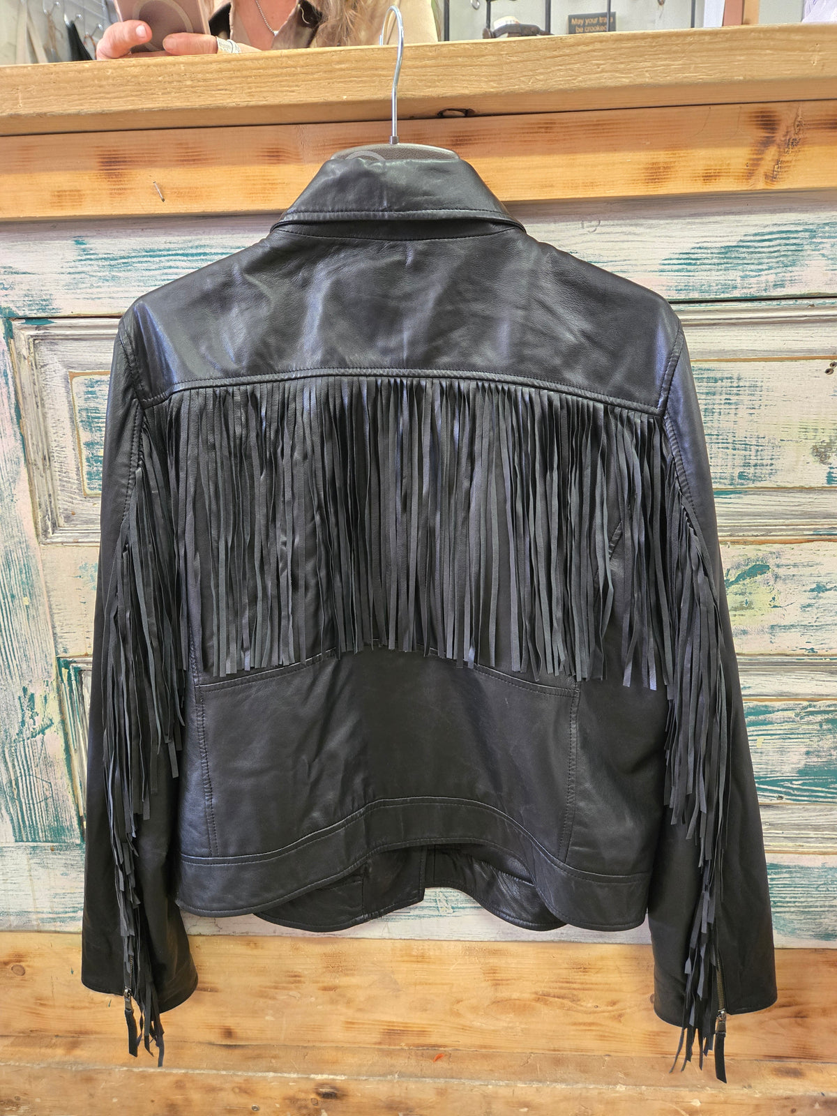Black Pleather Fringed Biker Jkt.