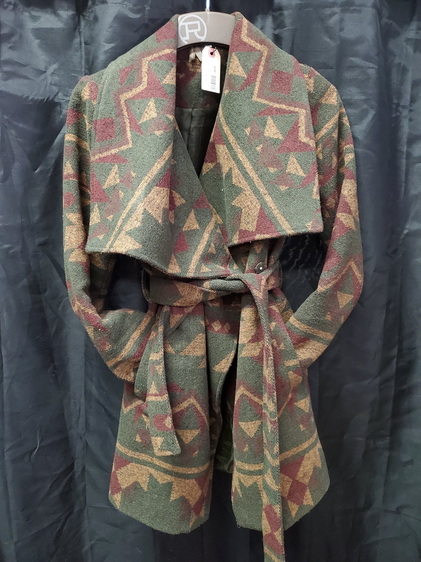 Aztec Tie Front Jacket Green,Gold,Burgundy