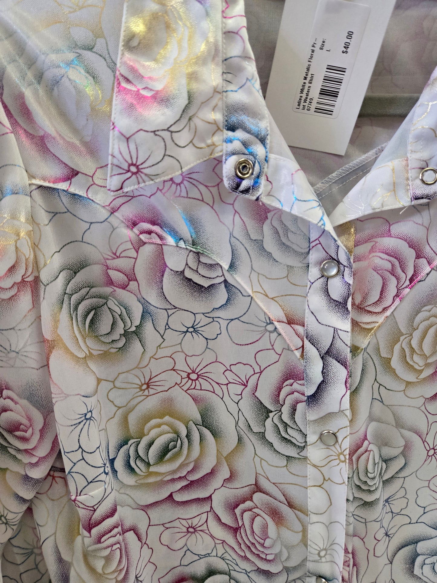 Ladies White Metalic Floral Print Western Shirt