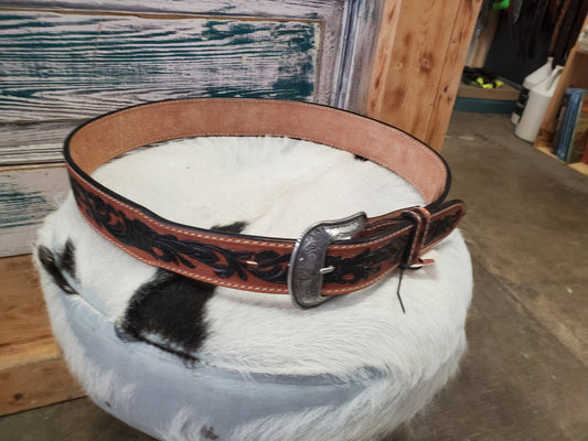 Brown Thick Leather Belt W/Black Floral Details