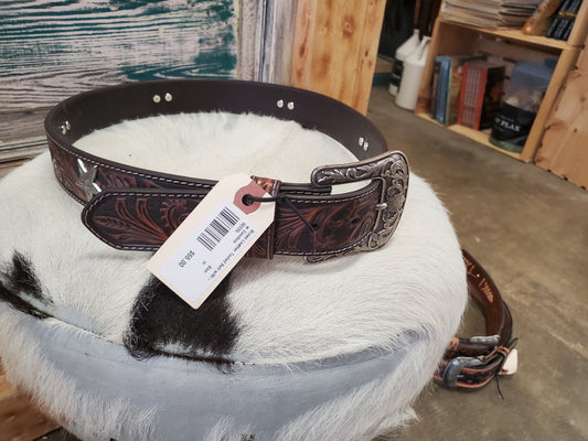 Brown Leather Tooled Belt w/Star Conchos
