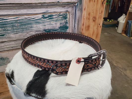 Brown Leather Double Stitched Floral Tooled Belt