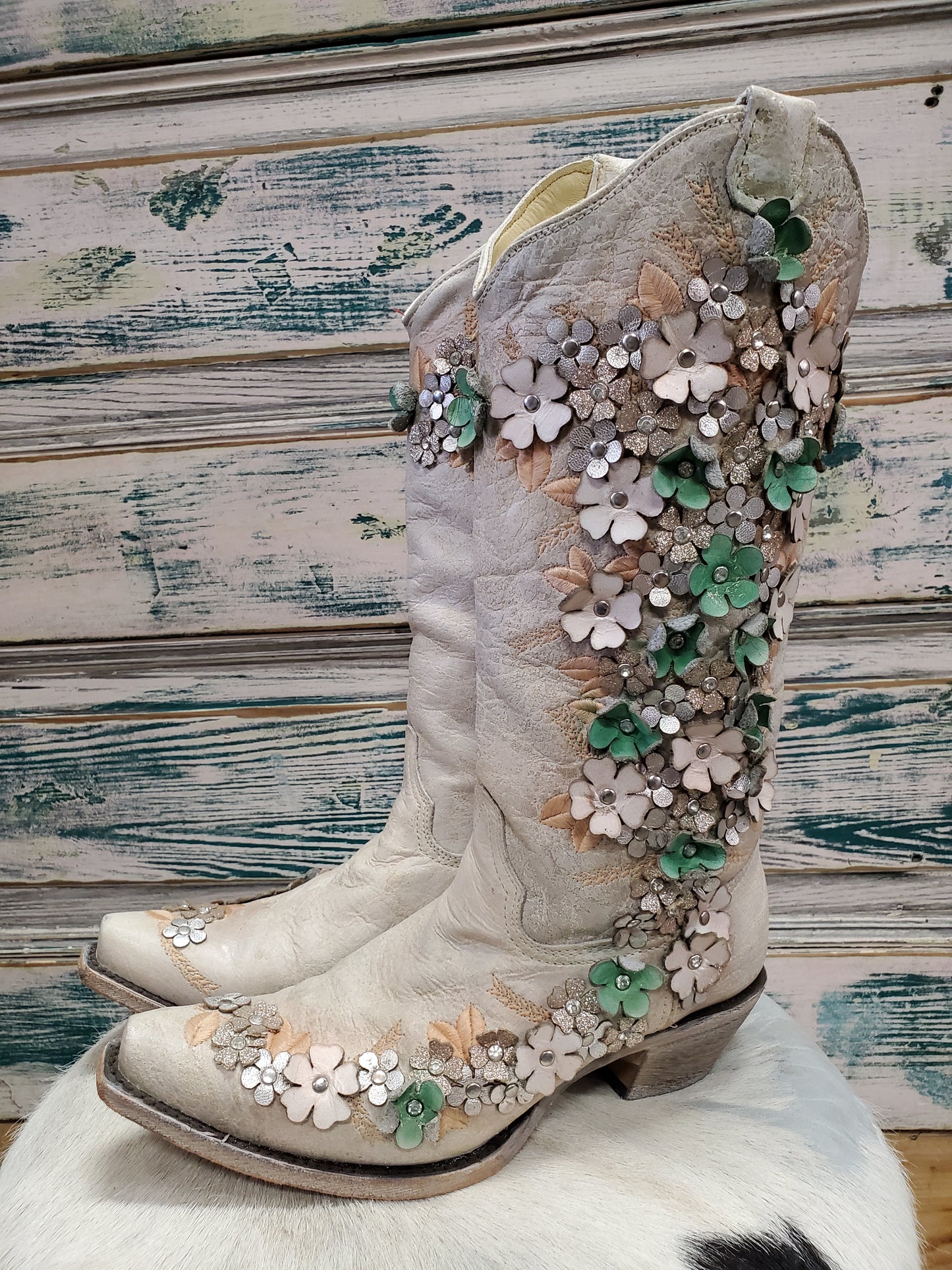 Light Beige Floral Embelished Boots