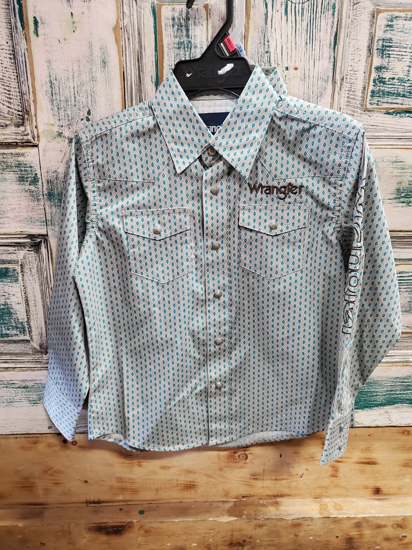 NEW Boys Teal Diamond Print Western Shirt