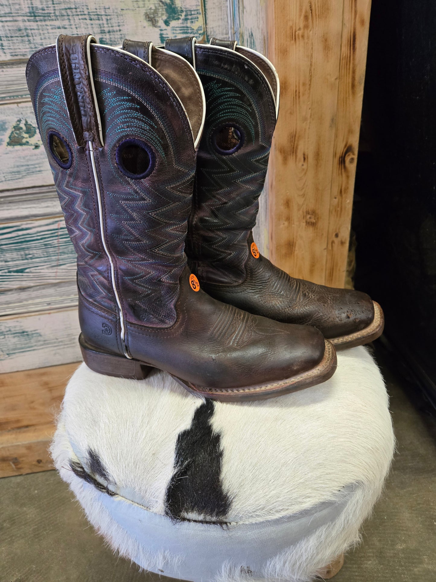 Sq. Toe Durango Boots Brown Purple Teal Stitch