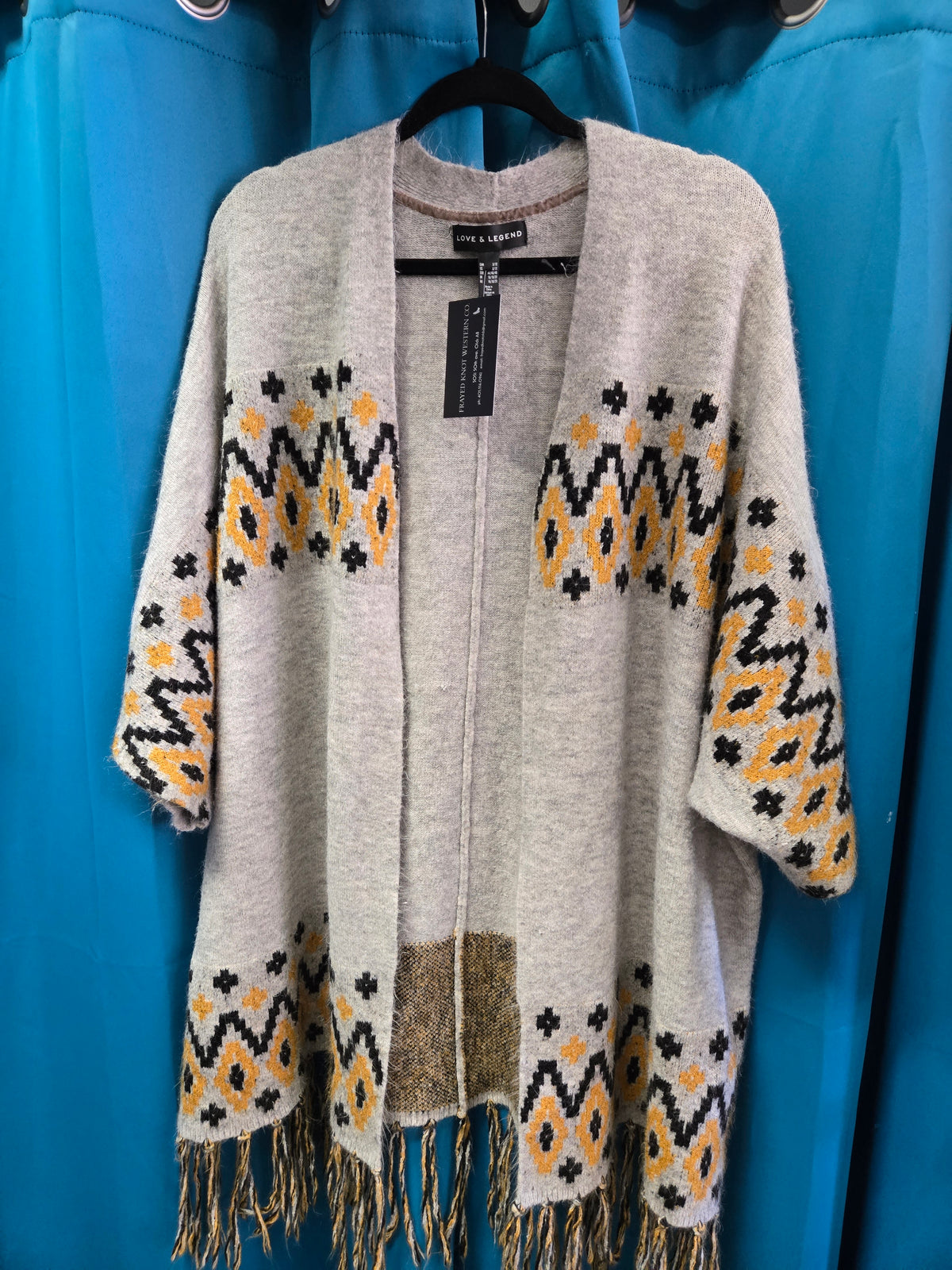 Ladies Knit Fringed Cardigan             Cream Yellow Aztec