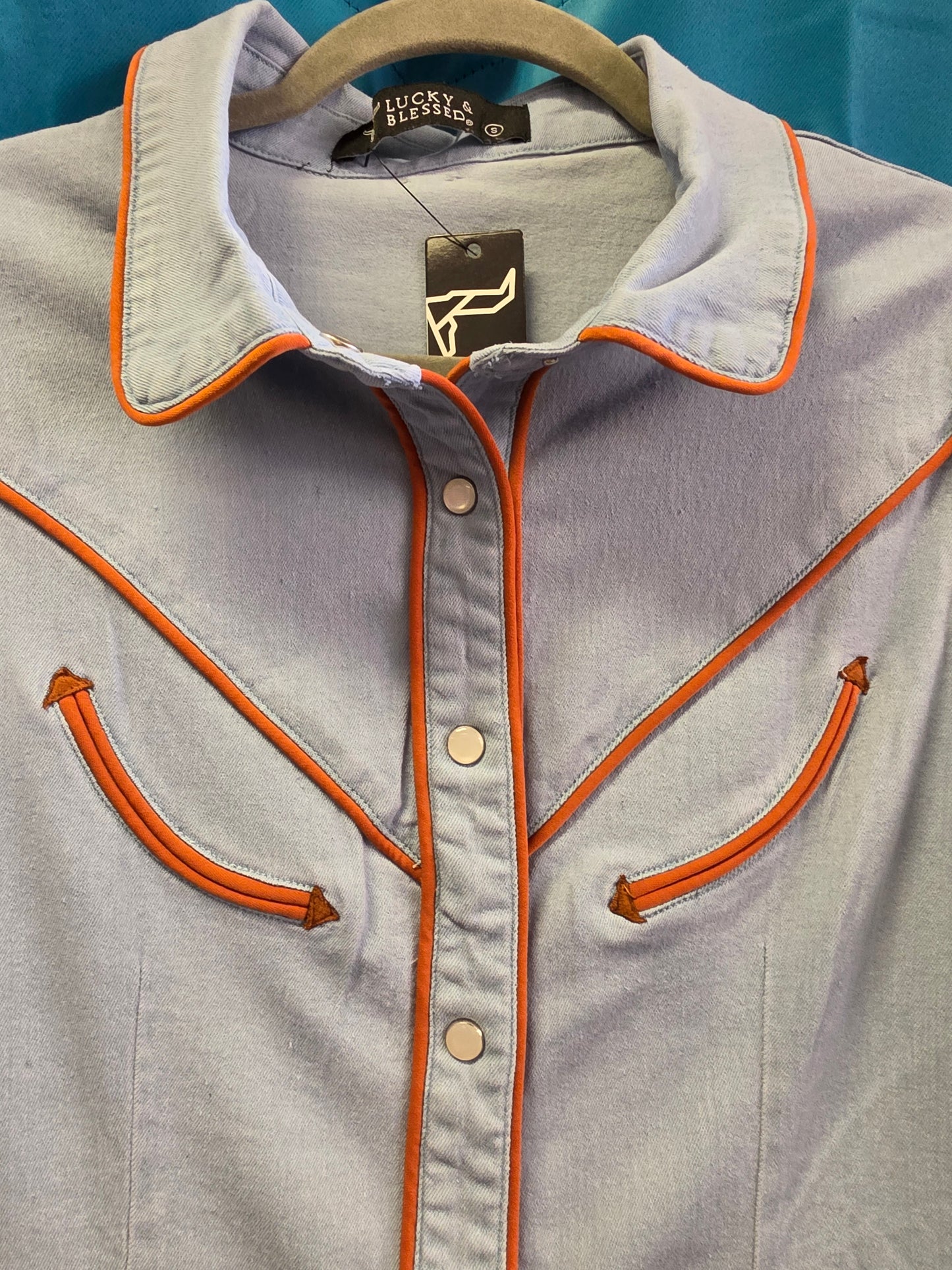 NEW Denim Short Slv.Tan Piping