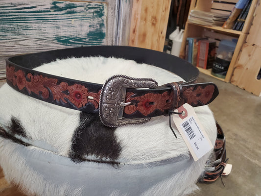 Dark Leather Wild Rose Detail Belt