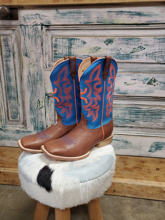 Mens Blue-Orange Sq Toe Ariat Boots