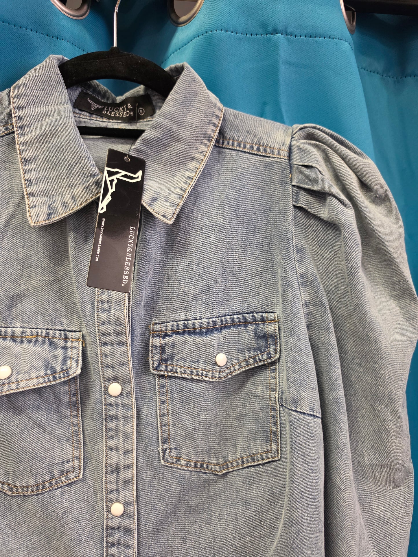 NEW Light Wash Puff Slv. Denim Shirt