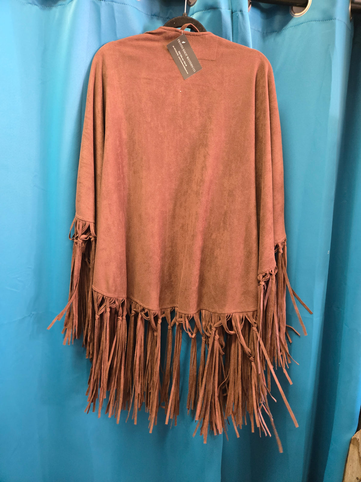 Faux Suede Fringed Cape- Brown