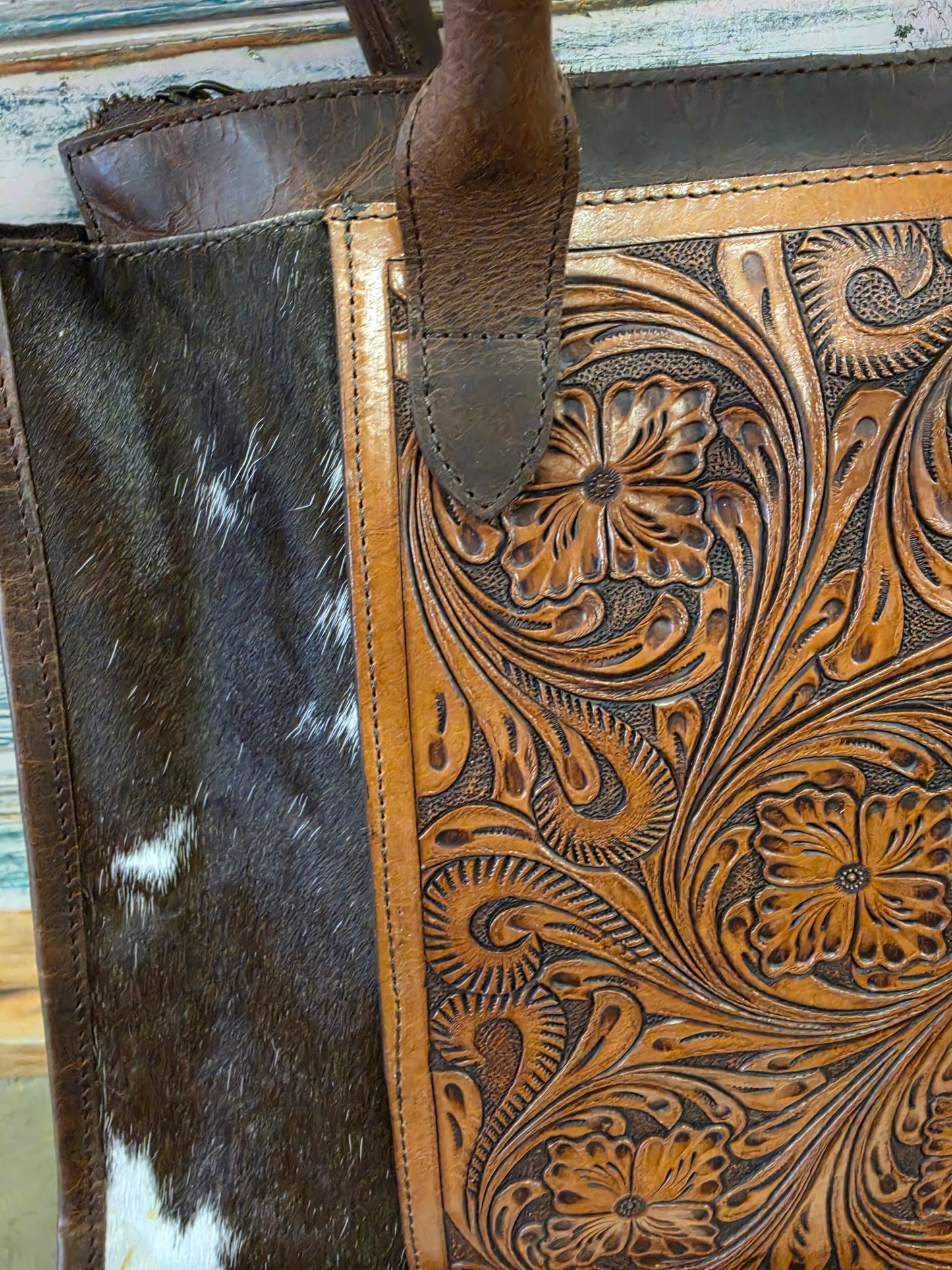 Hide & Carved Leather Tote                            Purse