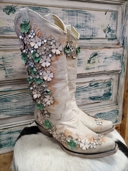 Light Beige Floral Embelished Boots