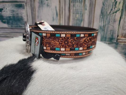 Leather Tooled Block Pattern Belt