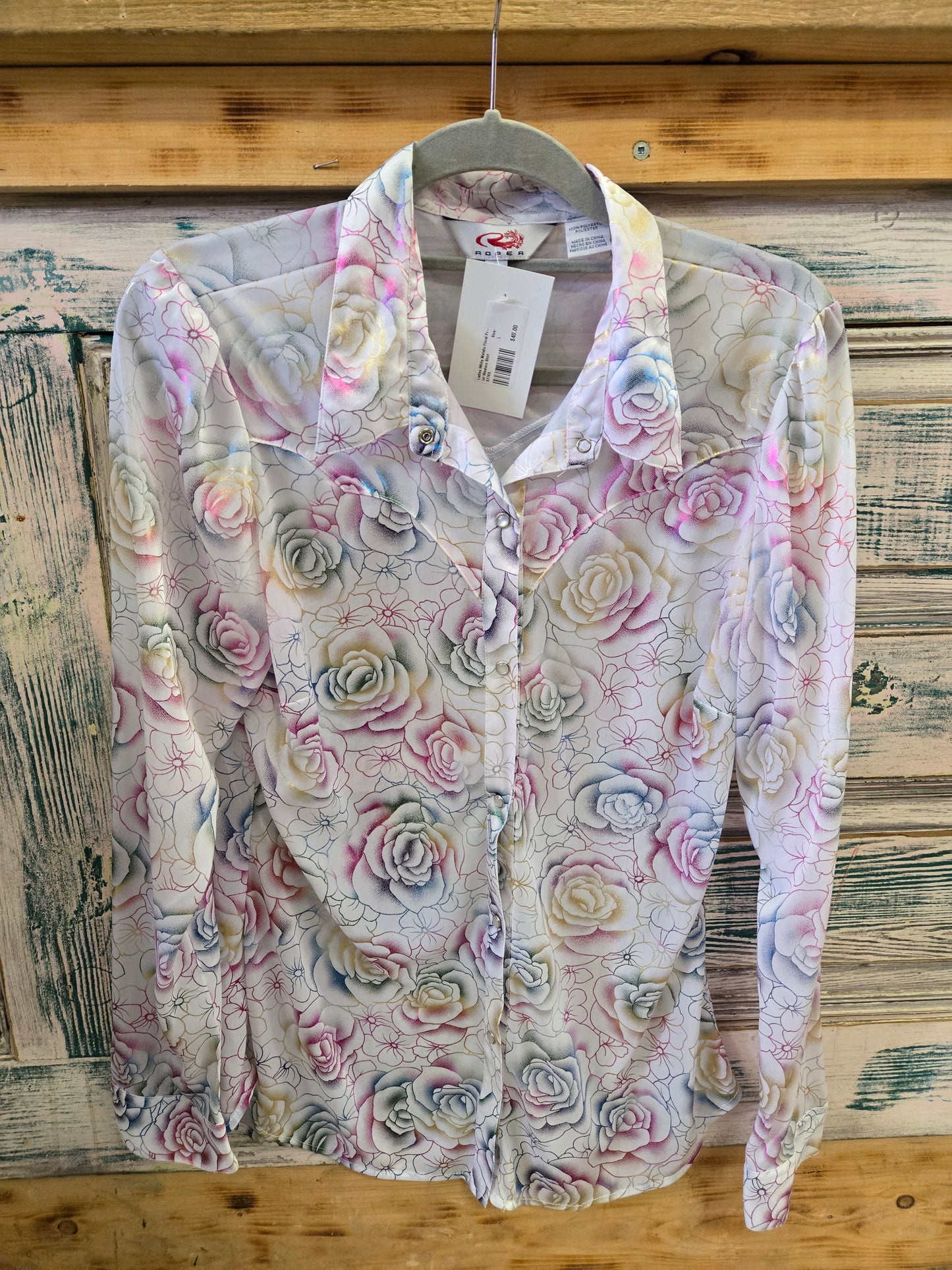 Ladies White Metalic Floral Print Western Shirt