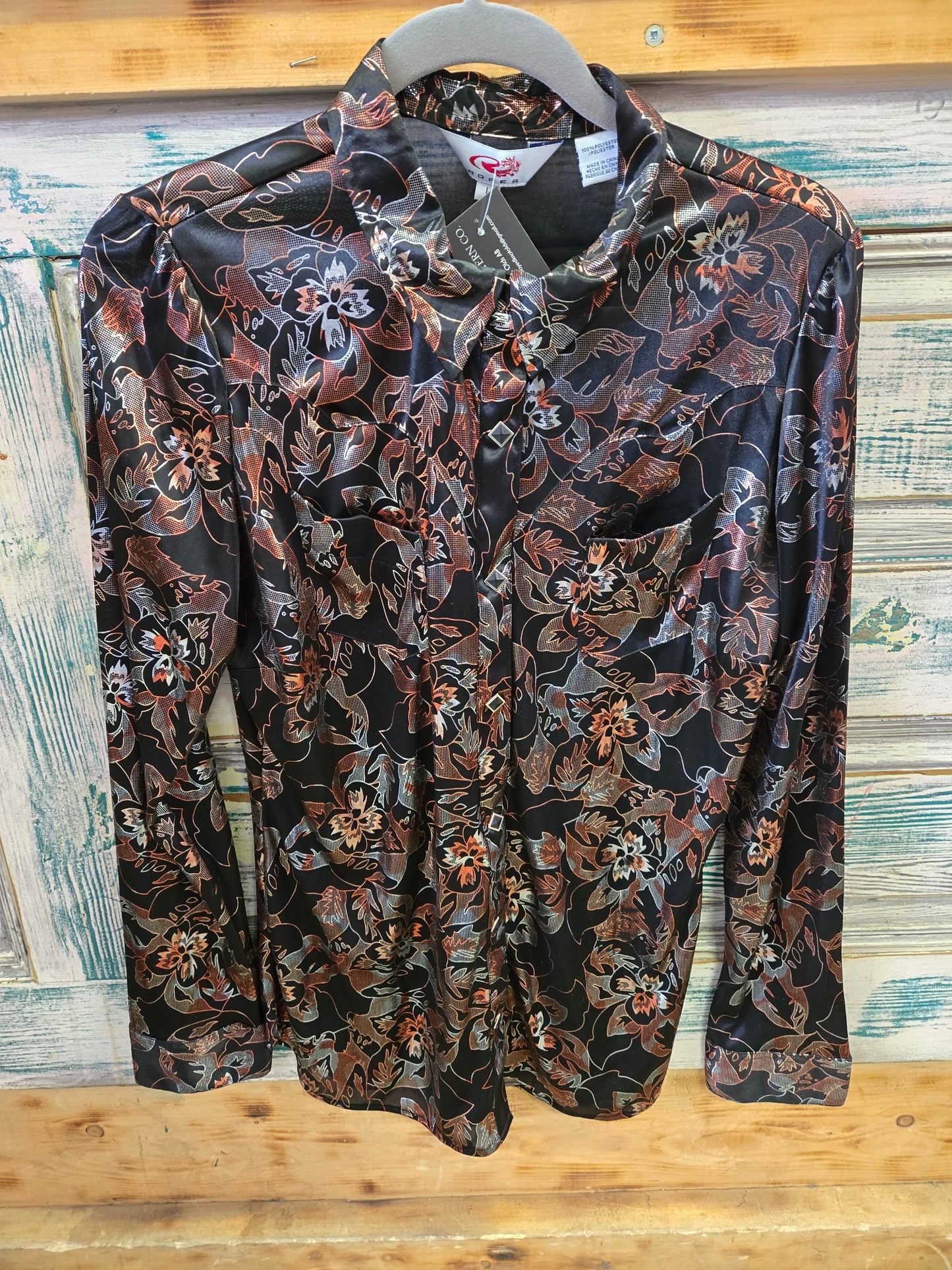 Ladies Black Orange Leaf Metalic Print Western Shirt