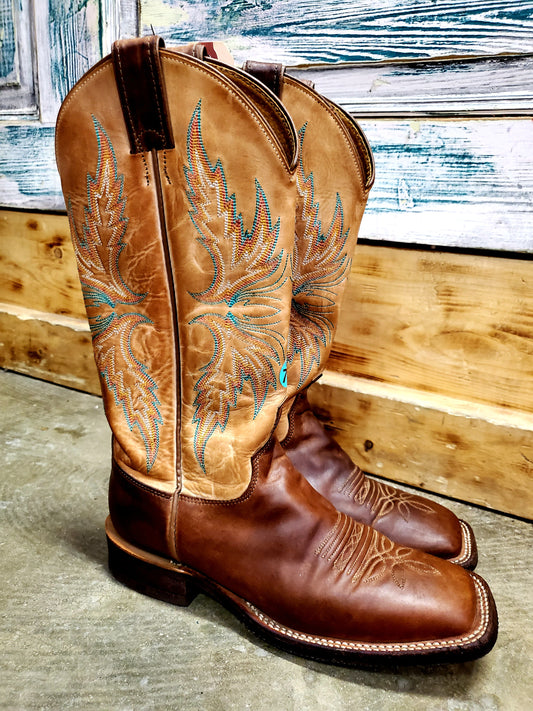 Ladies Justin Sq. Toe                   Brown w/ Turq Stitch