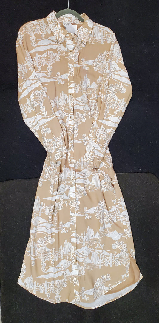 Beige Cactus Print Shirt Dress