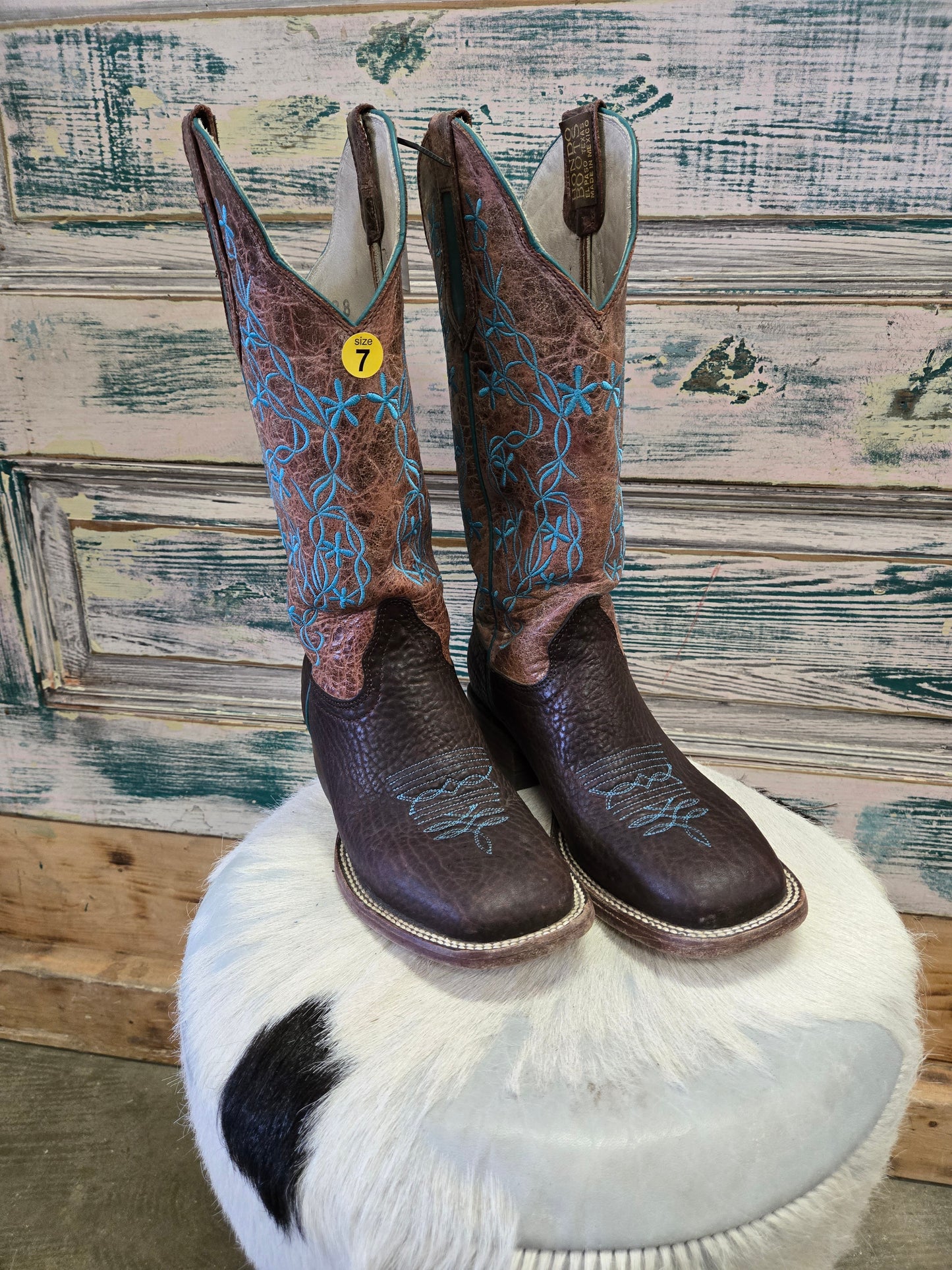 Ladies Brown Turq Vine Sq Toe Boots