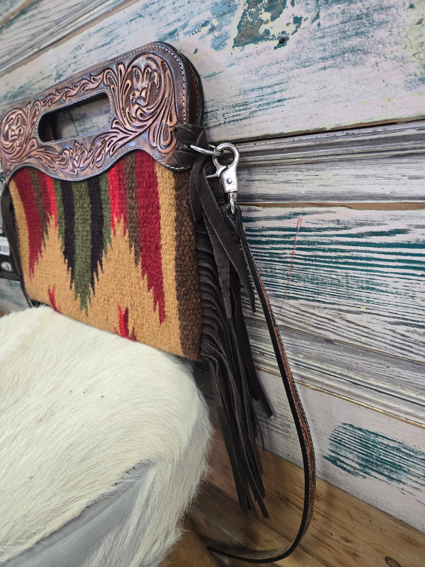 NEW Aztec Fringed Purse                       Carved Leather