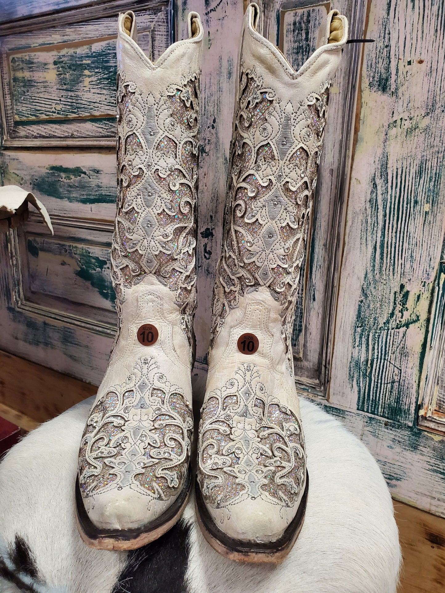 Bling White Leather Cowboy Boots