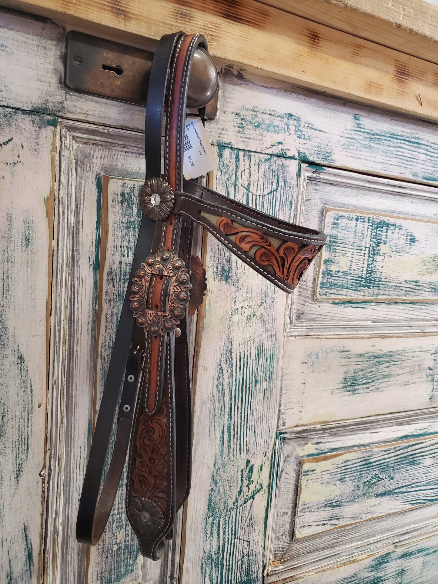 Carved Headstall/ Copper Buckles