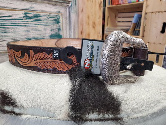 Dark Brown Leather Leaf Carving Belt