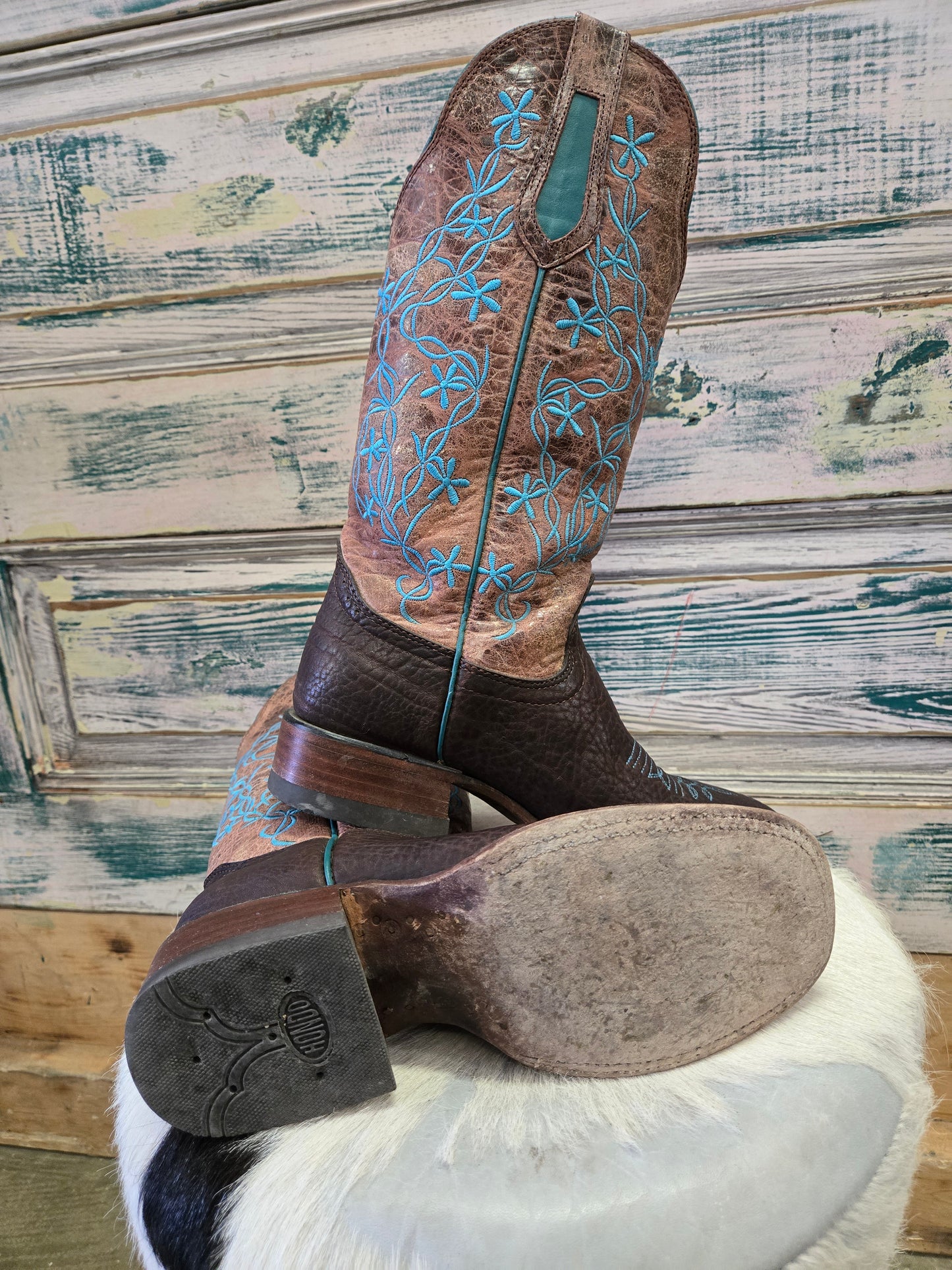 Ladies Brown Turq Vine Sq Toe Boots