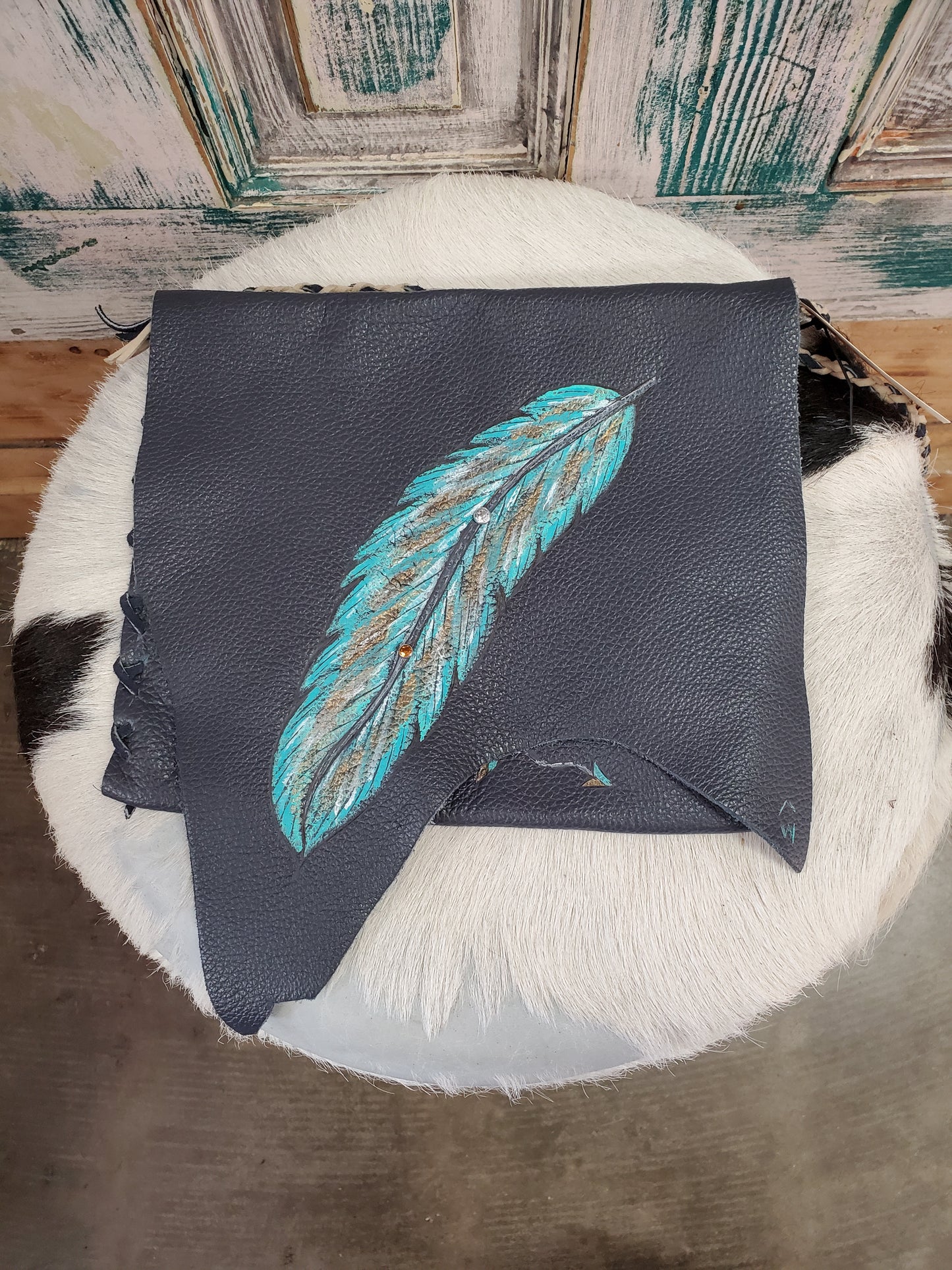 Leather Turq Feather Purse