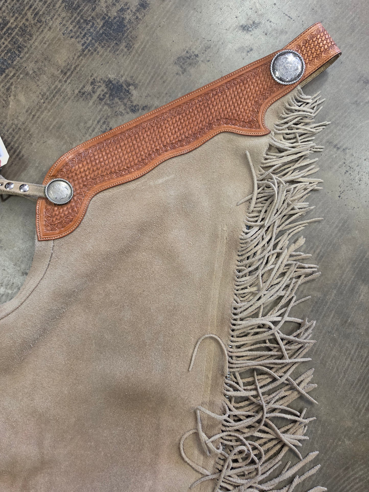 Tan Suede Chaps-Fringed                          Tooled Belt