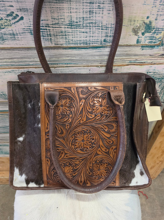 Hide & Carved Leather Tote                            Purse
