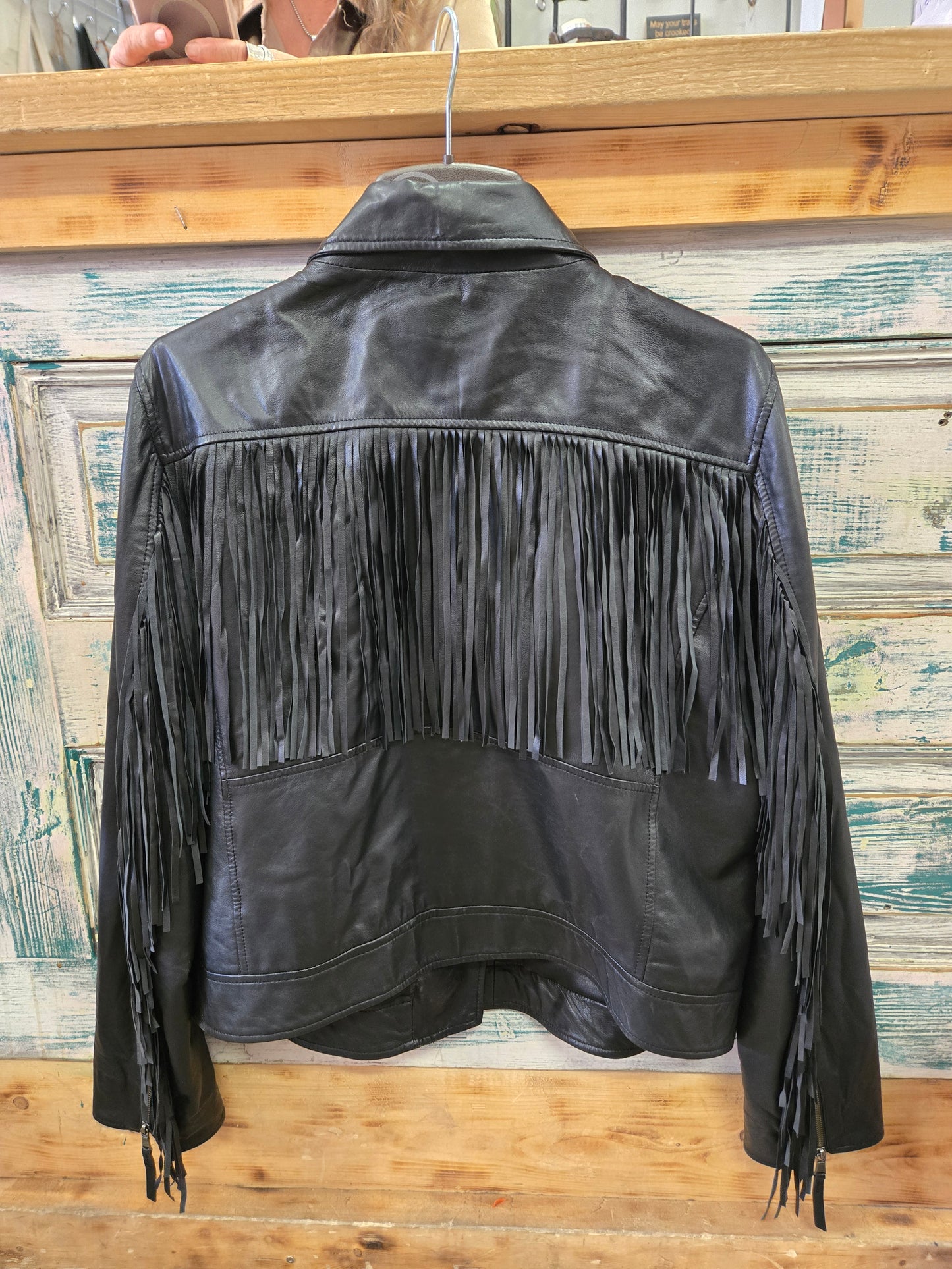 Black Pleather Fringed Biker Jkt.