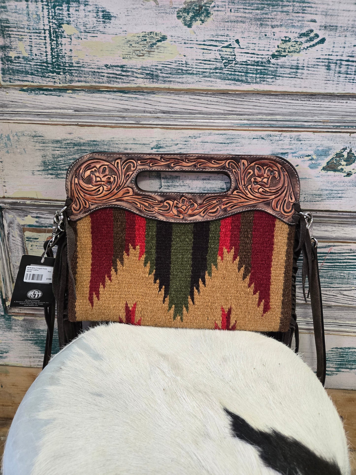 NEW Aztec Fringed Purse                       Carved Leather