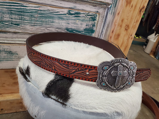 Brown Leaf Carving Dot Stamped Belt