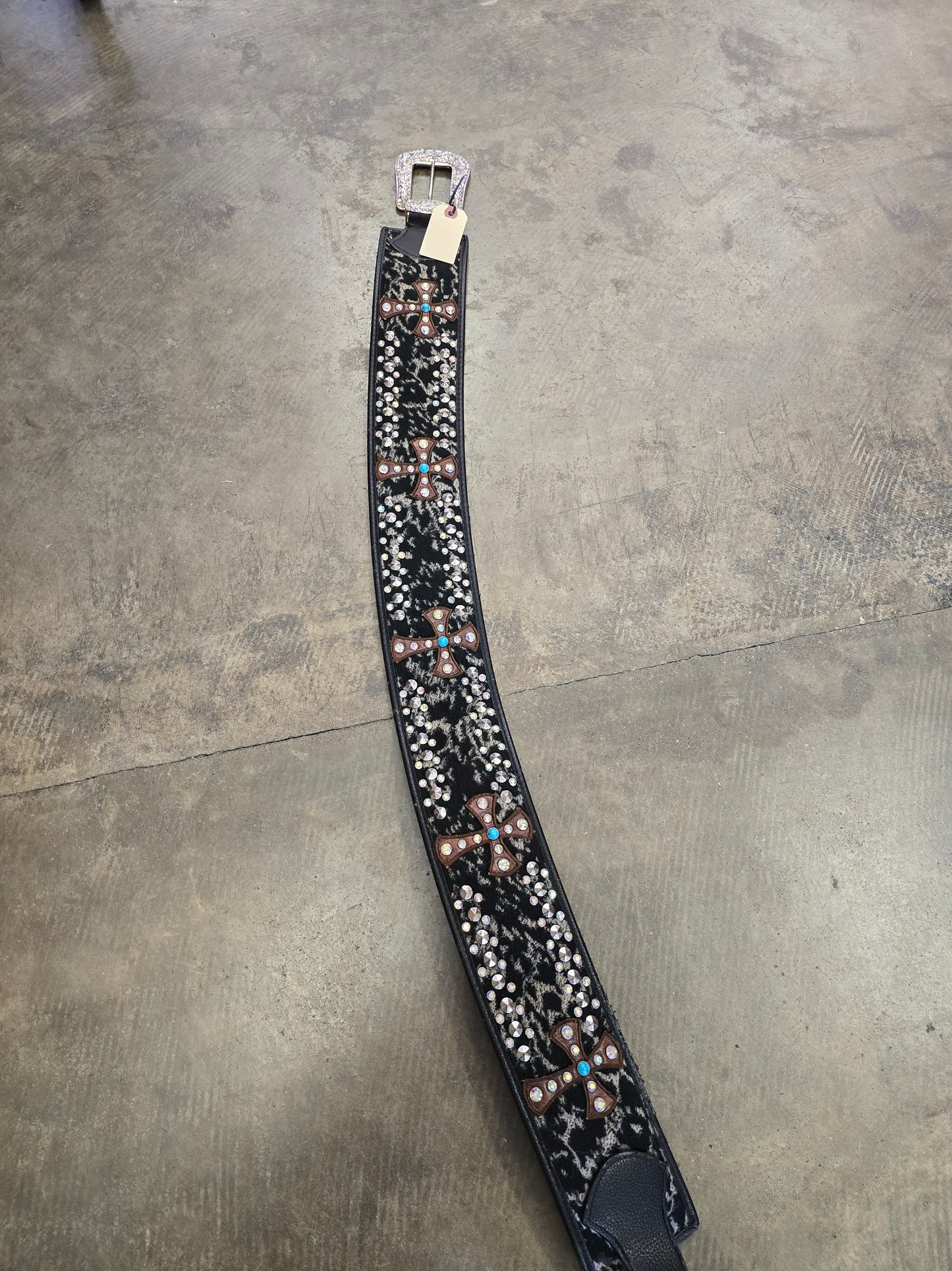 Faux Cowhide Hip Belt W/Bling Cross