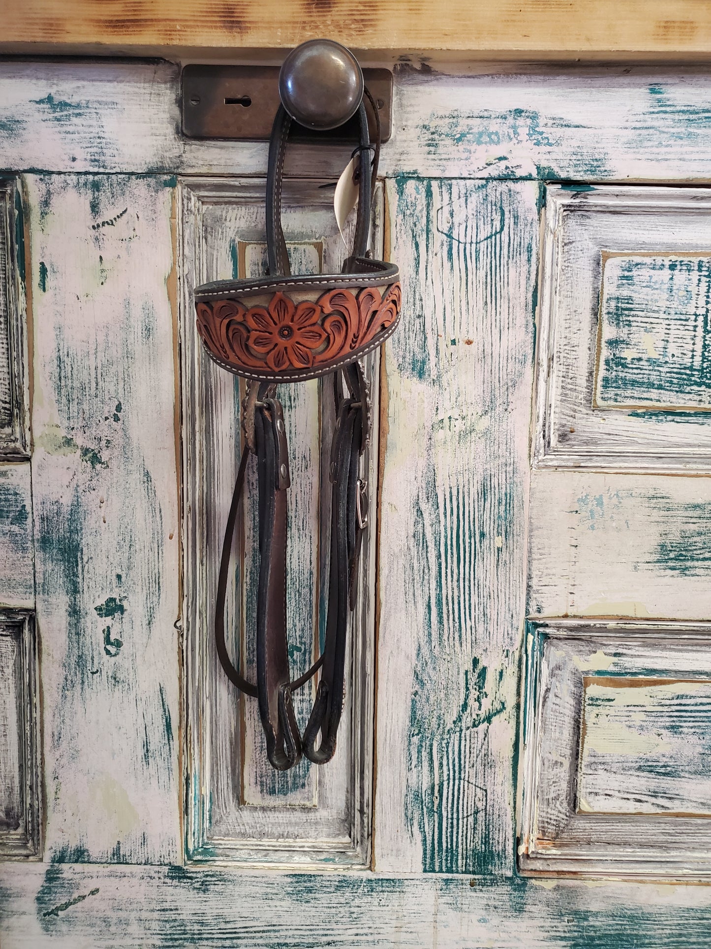 Carved Headstall/ Copper Buckles