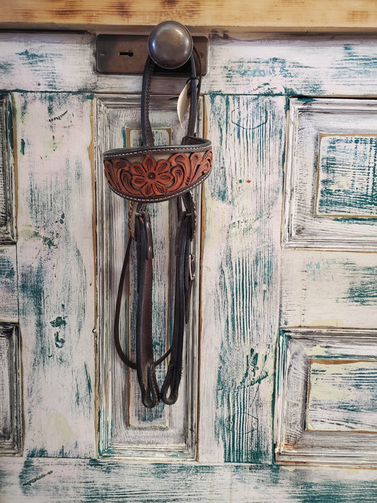 Carved Headstall/ Copper Buckles