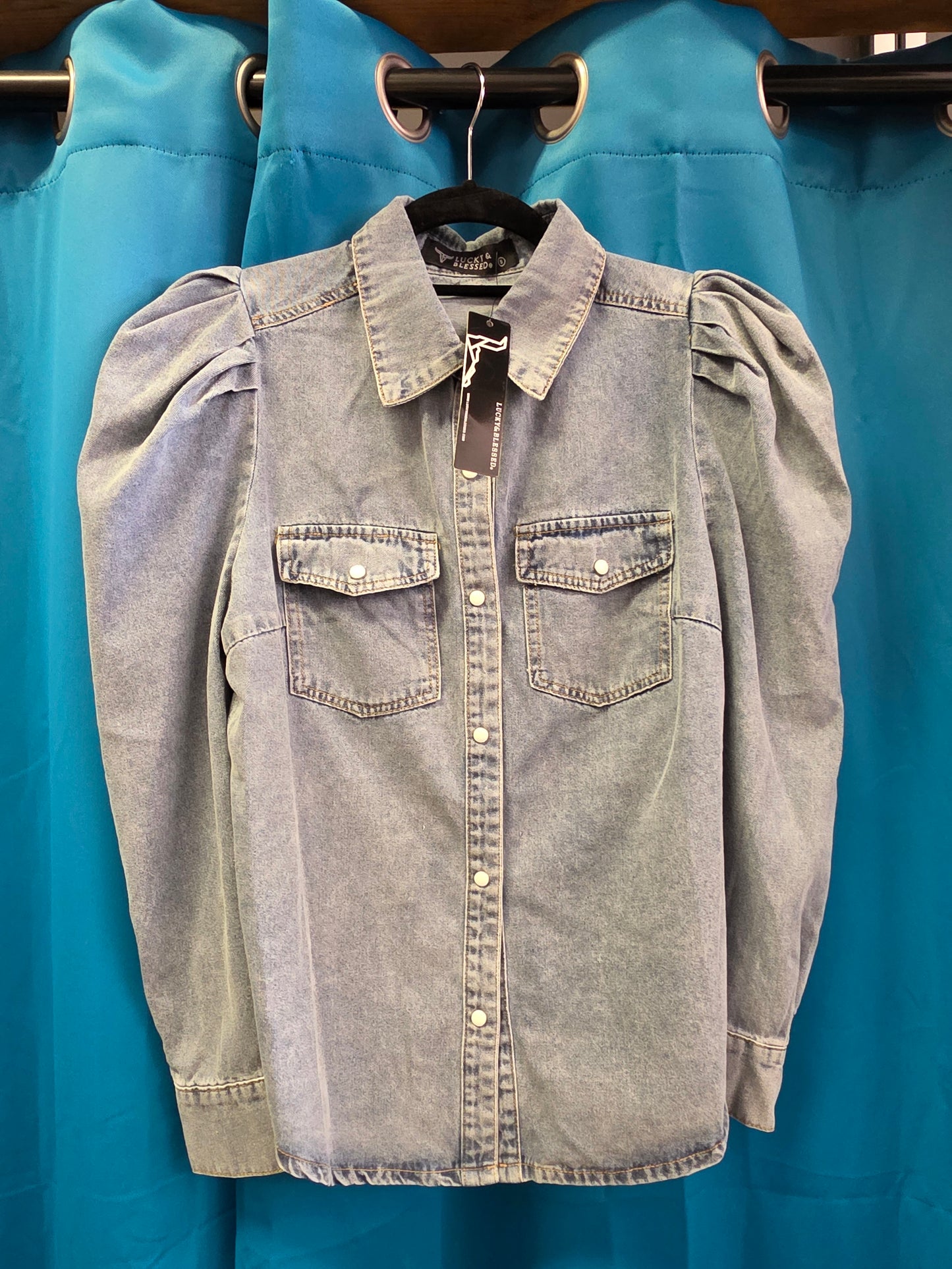 NEW Light Wash Puff Slv. Denim Shirt